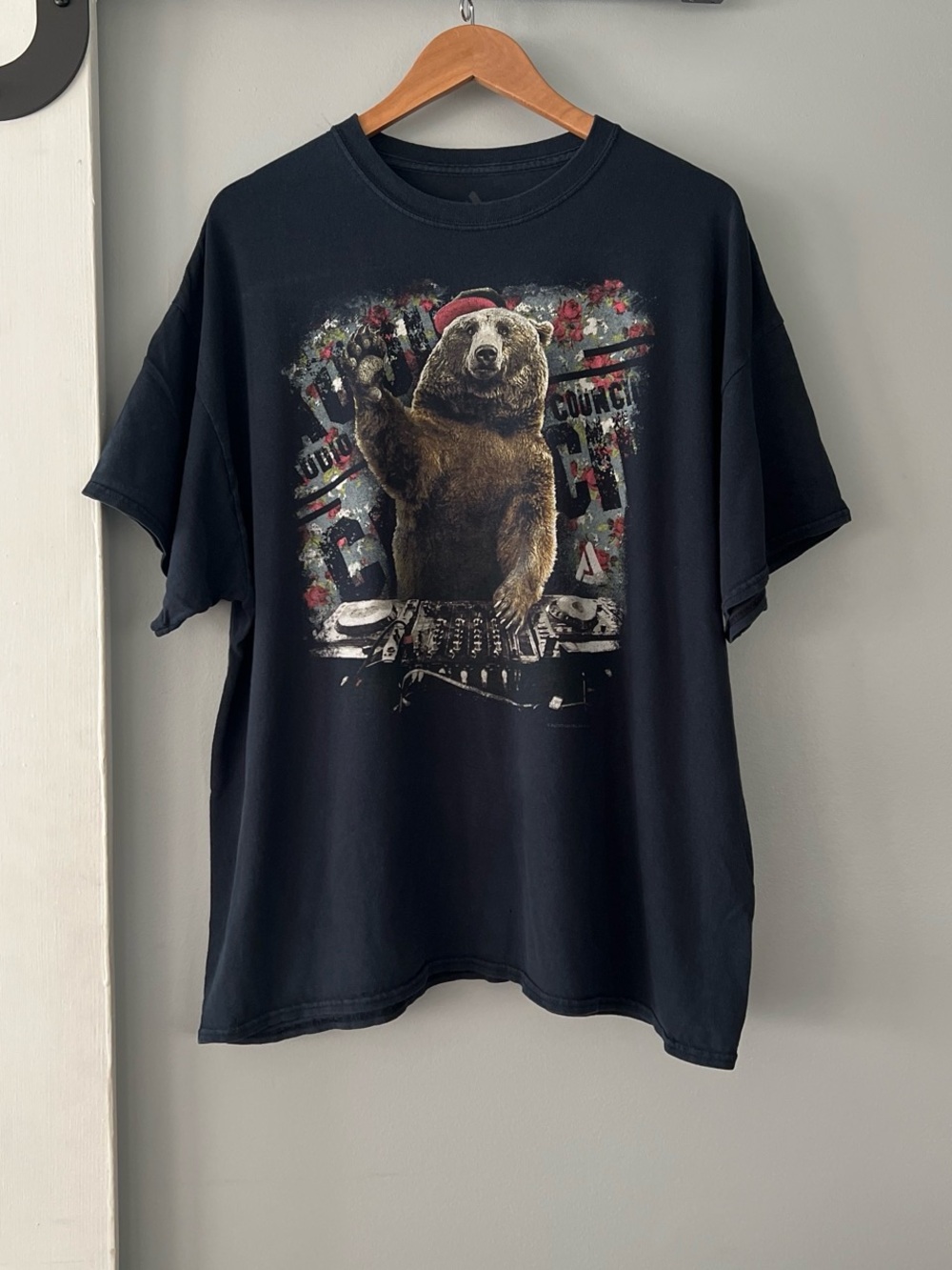 Relaxed Black Short-Sleeve Tee with DJ Bear Graphic